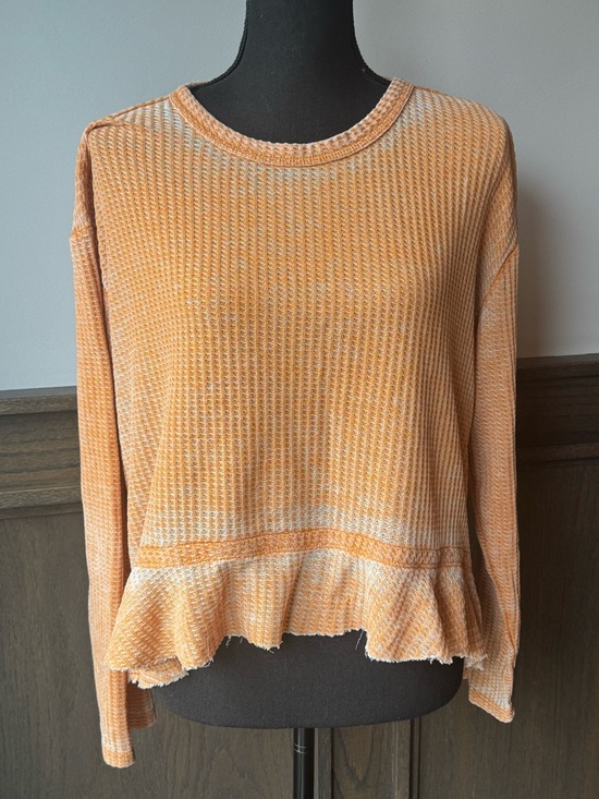 True Craft Tops - True Craft Orange Waffle-Knit Ruffle-Hem distressed long sleeve shirt L